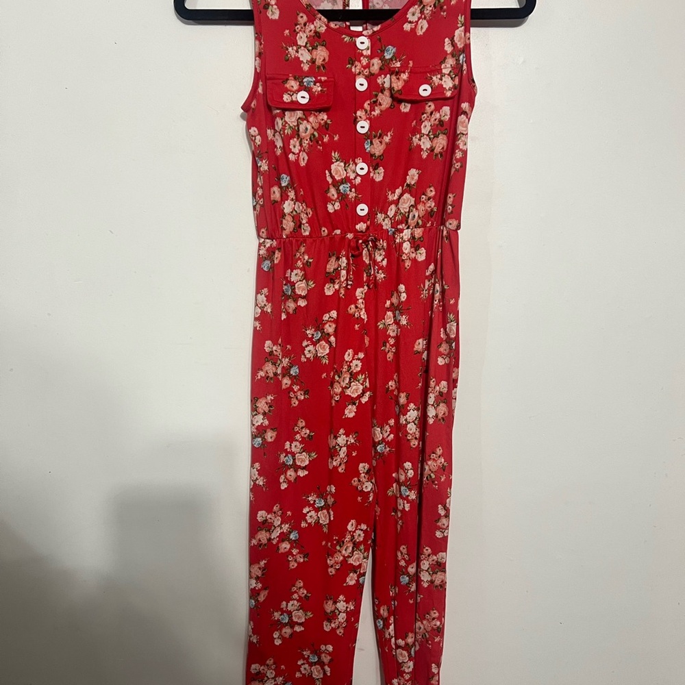 Red and White Floral Sleeveless Jumpsuit‎ with Fitted Bodice